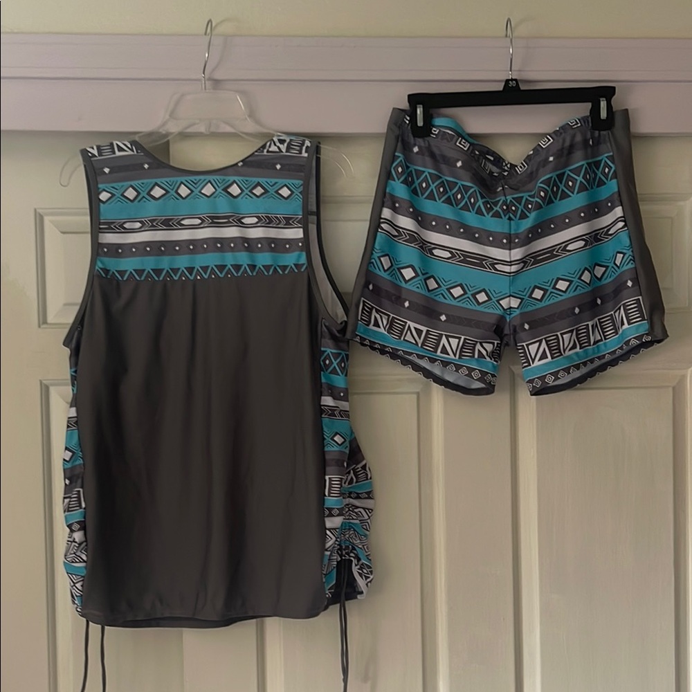 Gray and Turquoise Tribal Print Tank and swim suit Size 1X